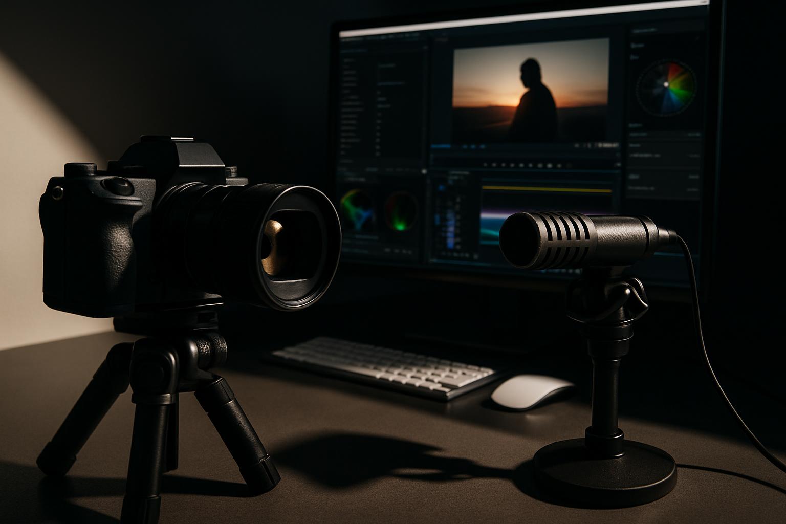 computer and camera on desk with monitor showing image editing interface Voor alttekst moet een helptekst gefotografeerd";}