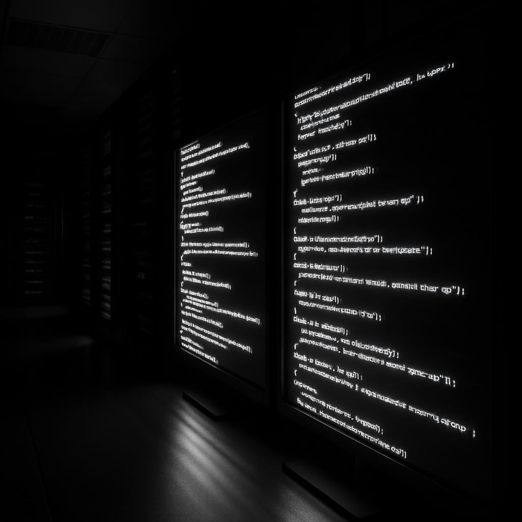Two, three dimensional high contrast projections of code are displayed, reflecting light from a dimly lit environment.