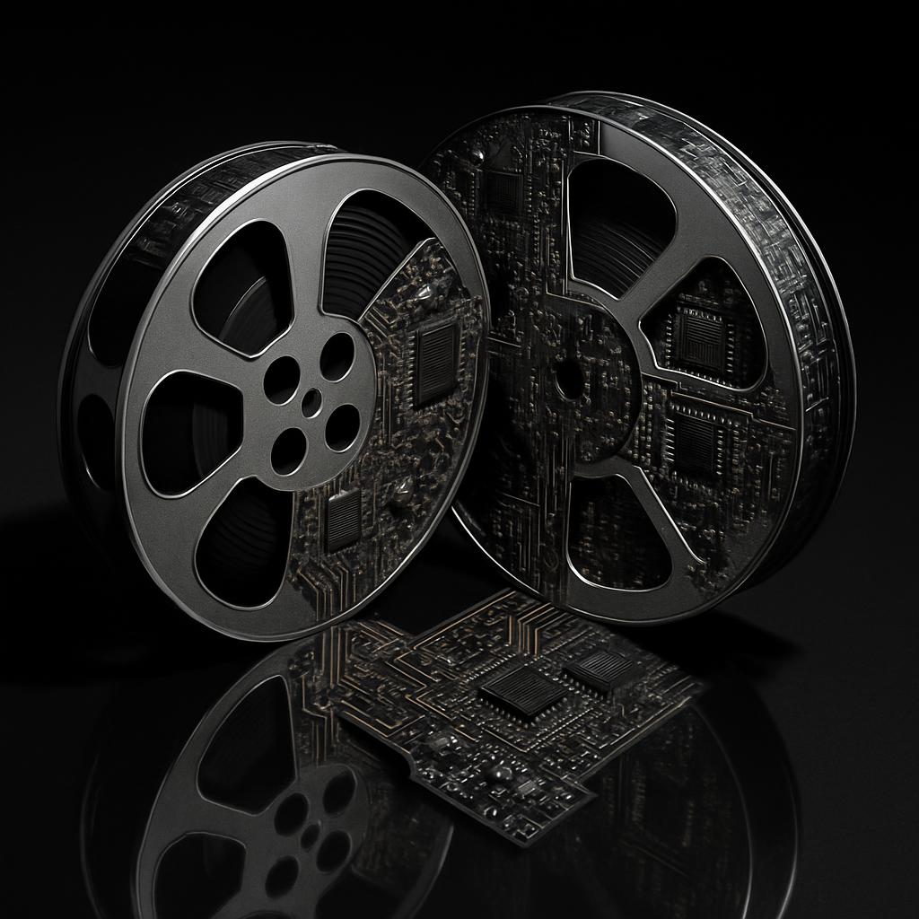 A film reel and chip-edited computer chip on a black background.