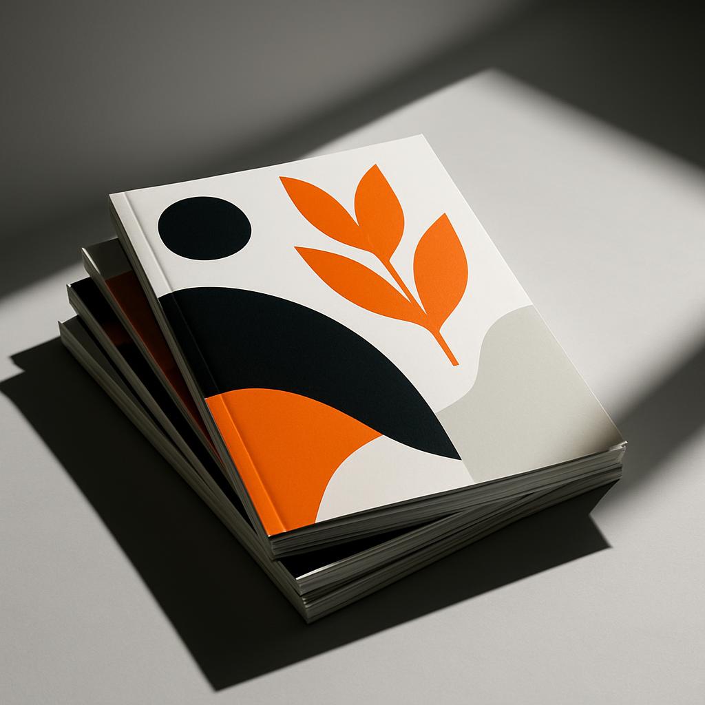 A stack of books with abstract covers standing on a white surface and casting a shadow. The book on top features a white h...