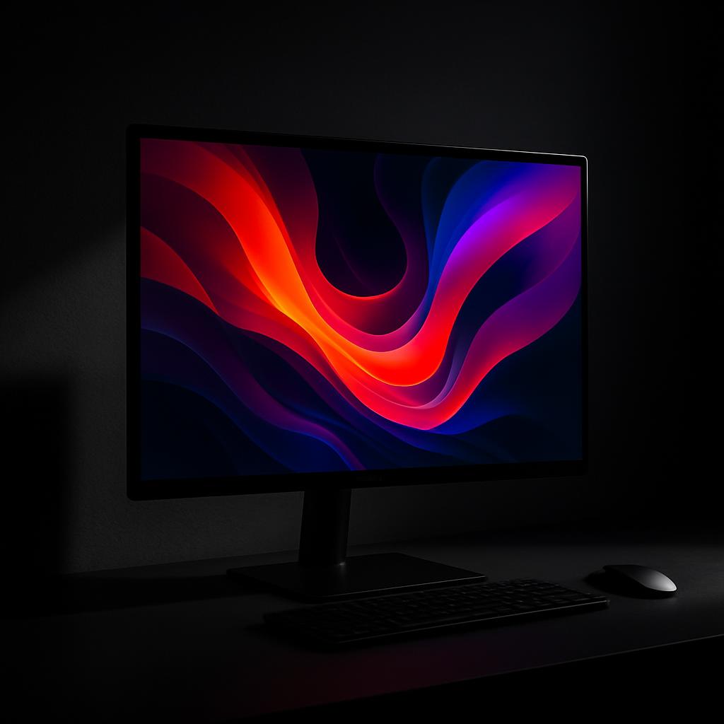 The monitor features a sleek dark back and sides, showcasing a vibrant splash of red, purple, and blue abstract lights alo...
