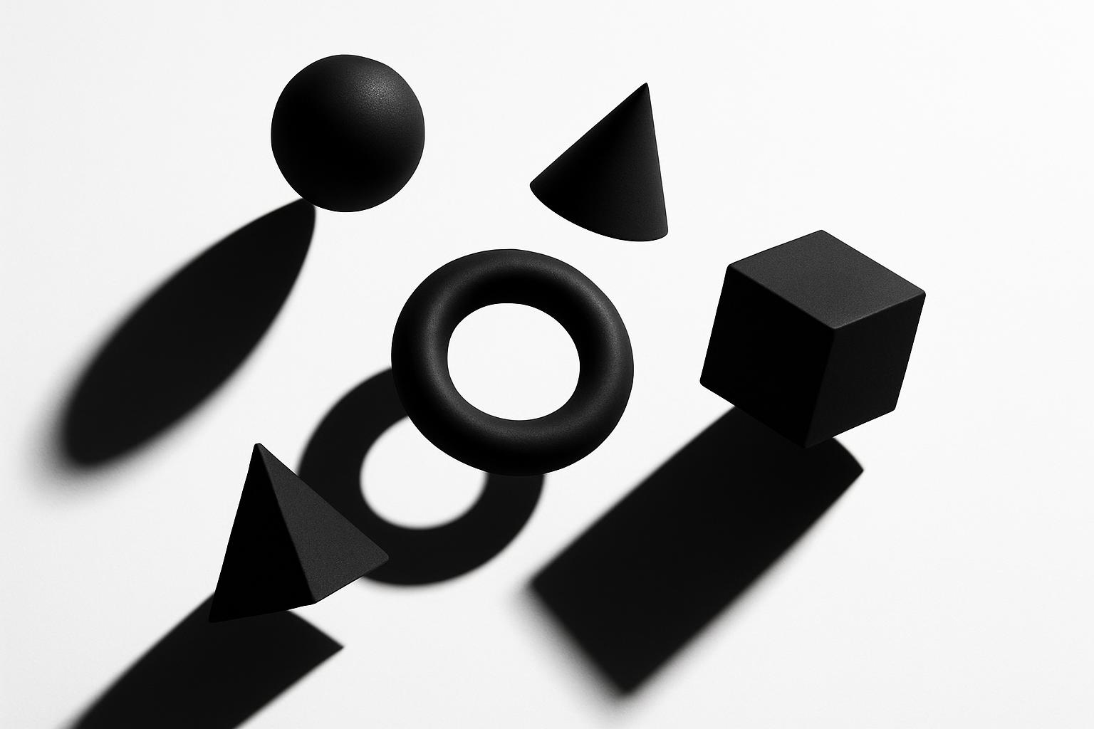 A composition of various 3D geometric shapes in solid black with dramatic, angled shadows on a white background.
