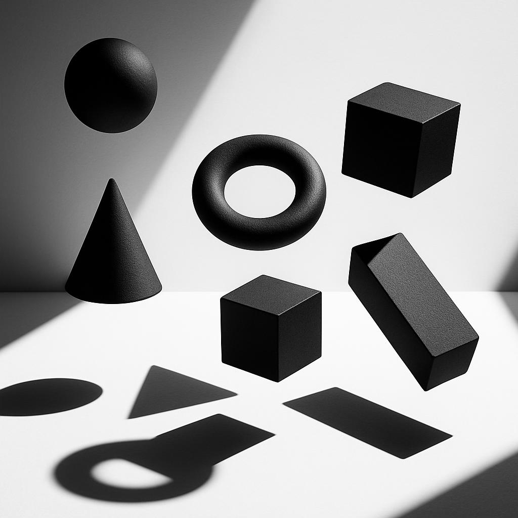 A collection of matt black 3D geometric shapes sitting on a white surface against white, grey and shadowed background.